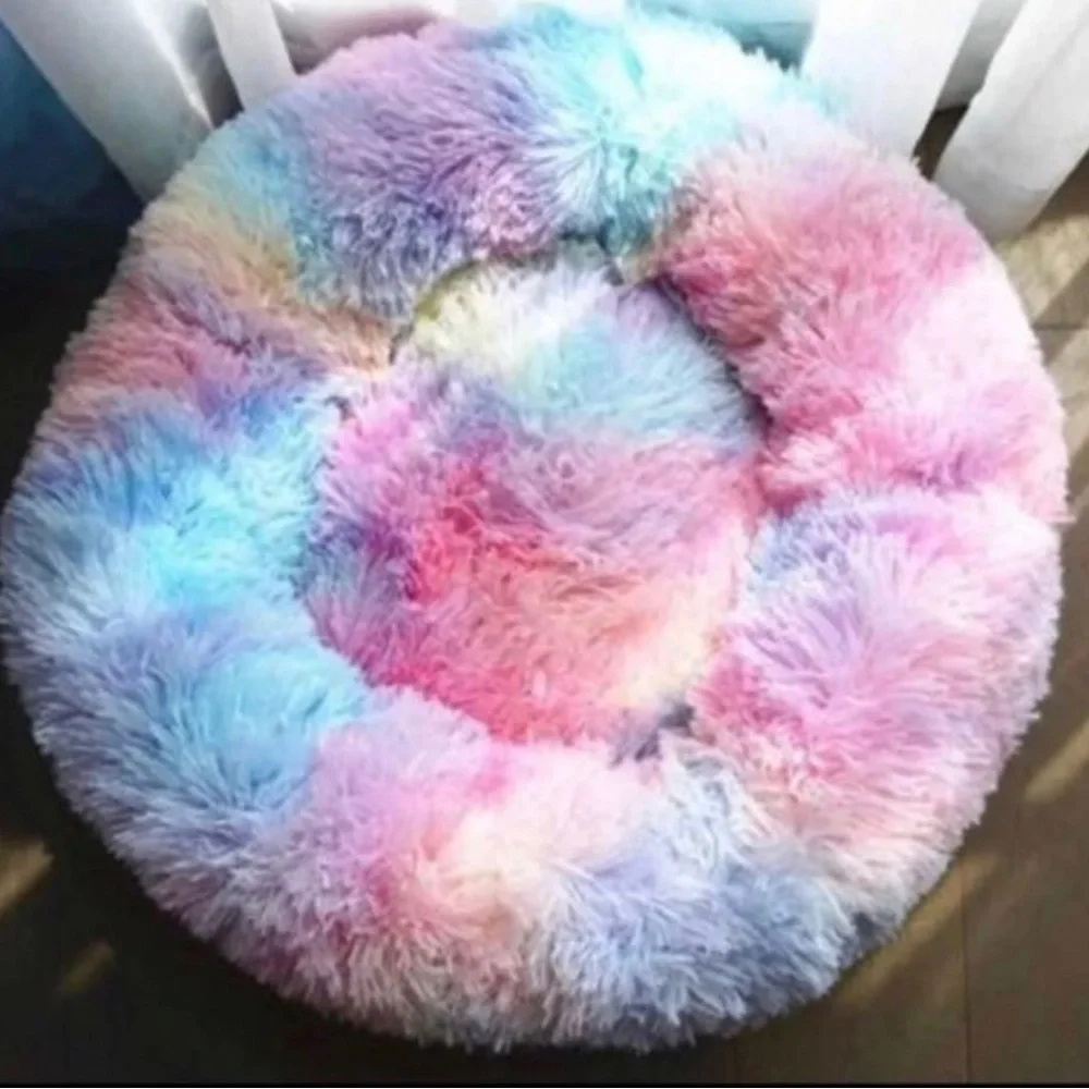 Dog bed new 18 inches wide fluffy thick soft rainbow donut bed cat bed new